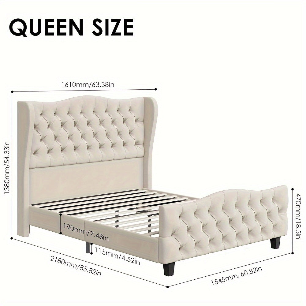 54.3" Tall Wingback Velvet Upholstered Platform Bed Frame with Deep Button Tufted Headboard and Footboard - No Box Spring Needed, Sturdy Construction, Easy Assembly - Beige, Queen/King/Full Size Bed