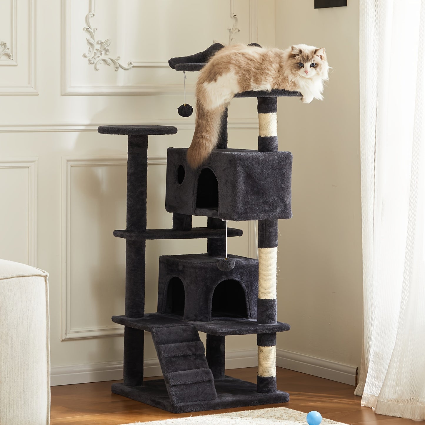 54in Cat Tree For Indoor Cats, Multi-Level Cat Tree Tower With Sisal Scratching Post, Pet House With 2 Large Condo Bed, Kitty, Kitten Toy Tree Tower, Cat Tree For Large Small Cats With Anti-Tilt Device