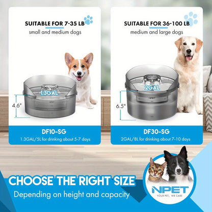 NPET DF30 Dog Water Fountain, 2 Gallon/270oz/8L Large Automatic Dog Water Bowl Dispenser, Pet Water Fountain with Splatter Guard, Cleaning Kit for Large Dogs & Multiple Pets