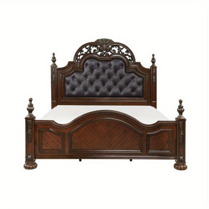 Formal Traditional Eastern King Bed 1pc Button Tufted Upholstered Headboard Posts Cherry Finish Bedroom Furniture Carving Wood Design