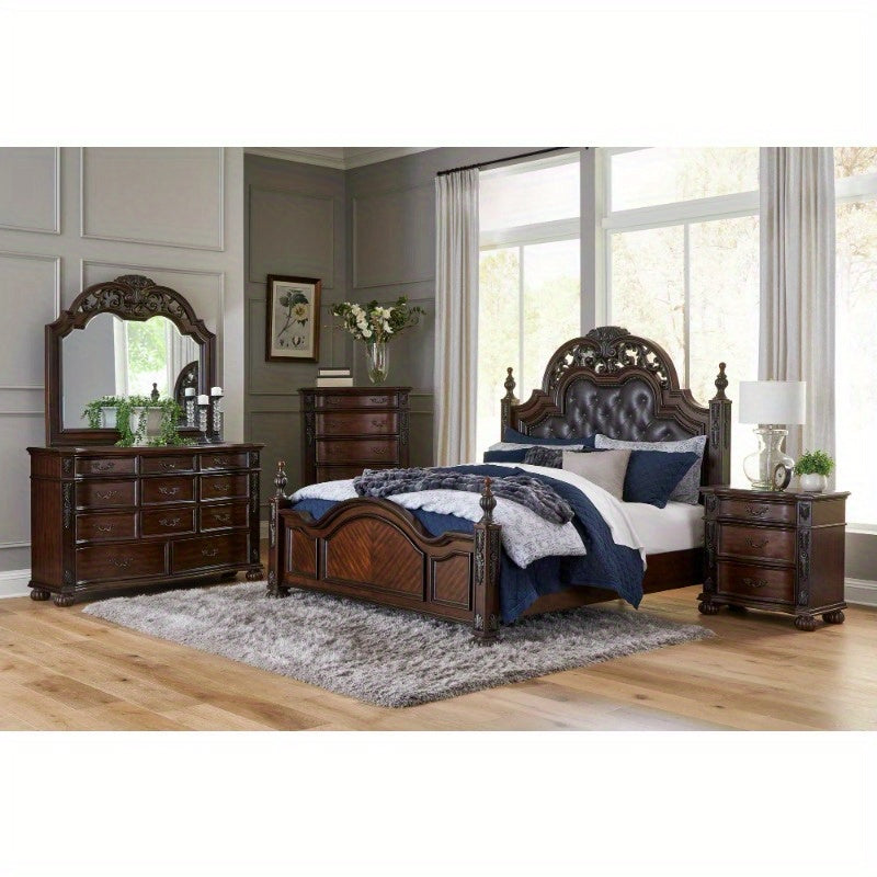 Formal Traditional Eastern King Bed 1pc Button Tufted Upholstered Headboard Posts Cherry Finish Bedroom Furniture Carving Wood Design