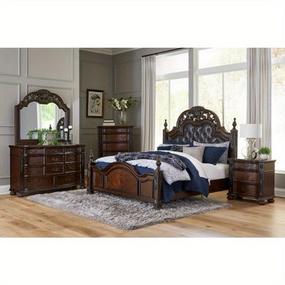 Formal Traditional Eastern King Bed 1pc Button Tufted Upholstered Headboard Posts Cherry Finish Bedroom Furniture Carving Wood Design