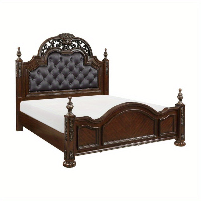 Formal Traditional Eastern King Bed 1pc Button Tufted Upholstered Headboard Posts Cherry Finish Bedroom Furniture Carving Wood Design