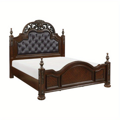 Formal Traditional Eastern King Bed 1pc Button Tufted Upholstered Headboard Posts Cherry Finish Bedroom Furniture Carving Wood Design