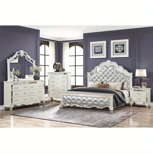 Tufted Upholstery King Size Bed made with Wood in White