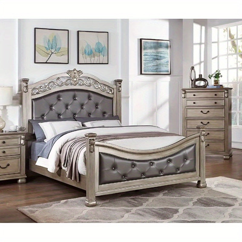 Formal Traditional Antique Silver 1pc California King Size Bed Tufted Faux Leather Headboard Footboard Bedframe