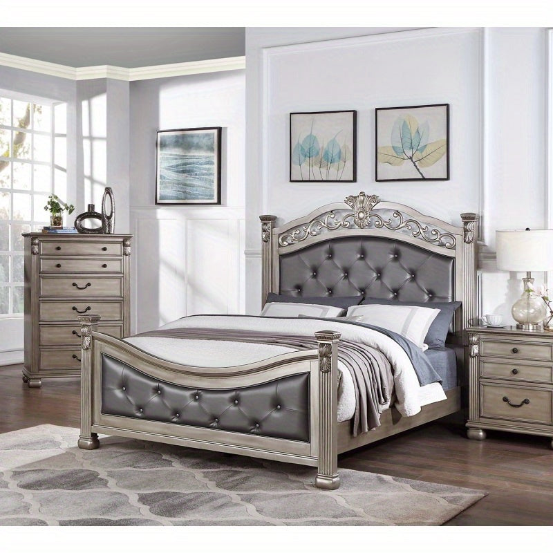 Formal Traditional Antique Silver 1pc California King Size Bed Tufted Faux Leather Headboard Footboard Bedframe