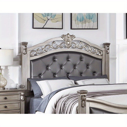 Formal Traditional Antique Silver 1pc California King Size Bed Tufted Faux Leather Headboard Footboard Bedframe