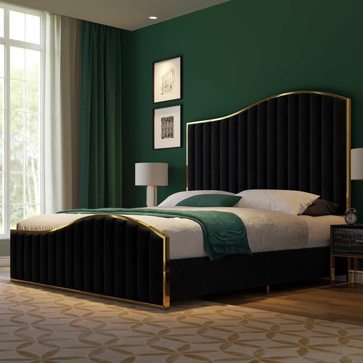 Velvet Upholstered Platform Bed with Gold Trim, 61.4" High Headboard, Footboard, and Wooden Slats - No Box Spring Necessary