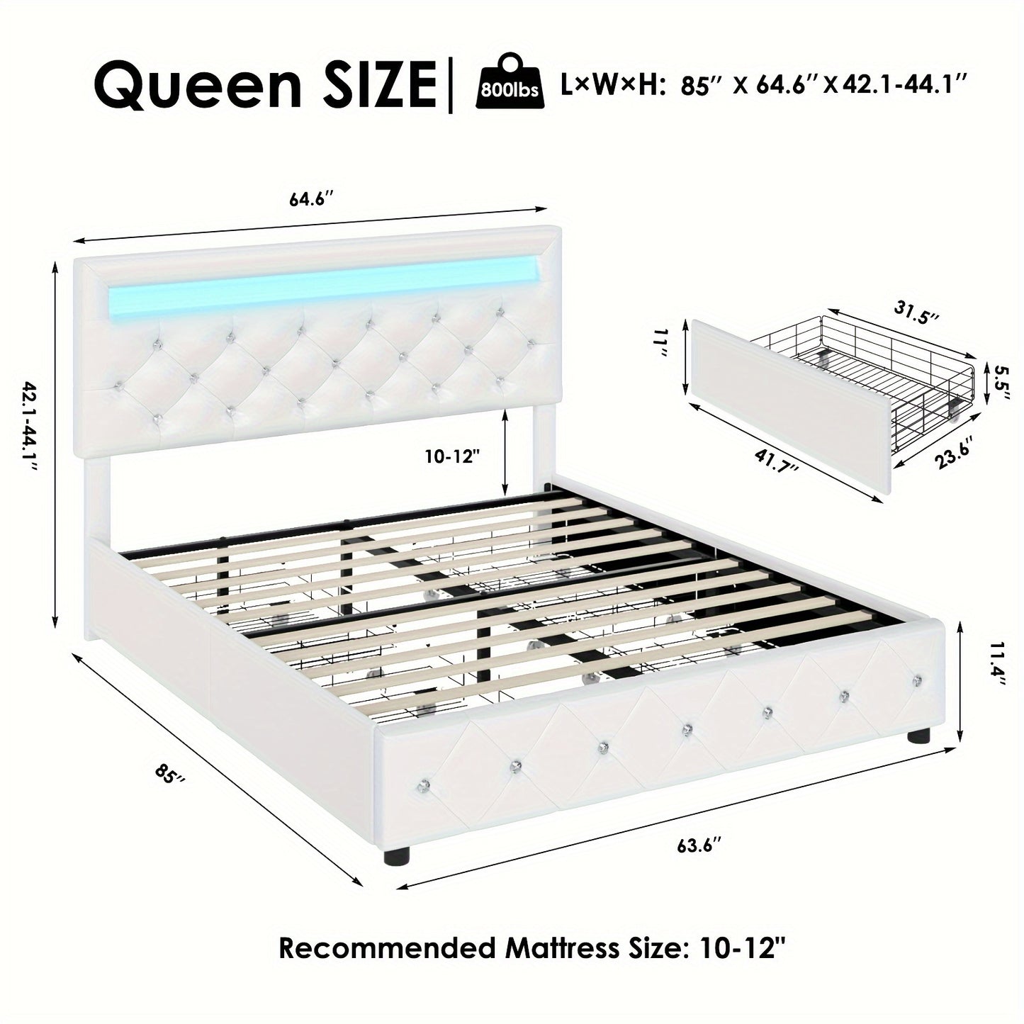 Full/Queen/King Size Upholstered Bed Frame With LED Lights Headboard And 4 Drawers, Platform Bed With Crystal Button Tufted Headboard, No Box Spring Needed, Faux Leather/Velvet Fabric, White/Black/Velvet Beige