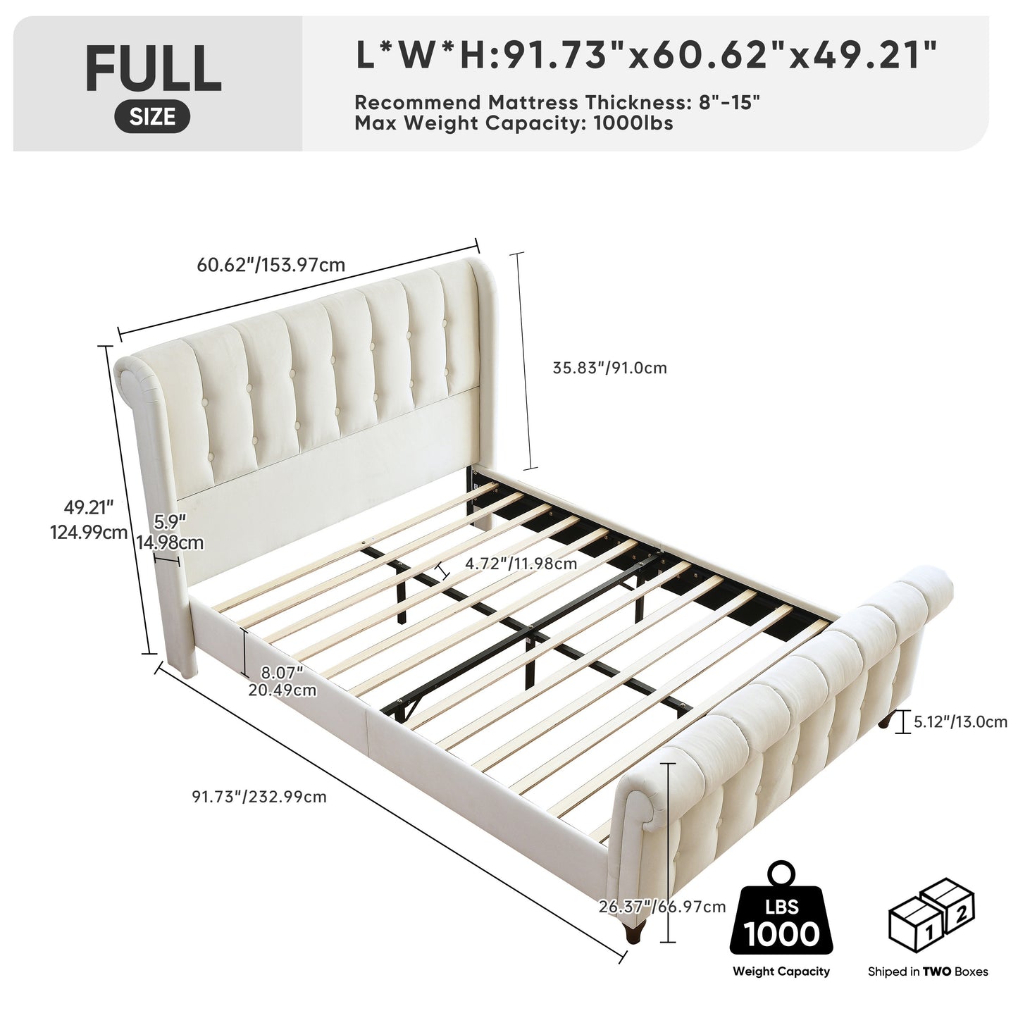 Sleigh Bed Frame Velvet Upholstered Platform With Button Tufted Headboard & Footboard/Wingback, Metal Frame Wooden Slat Support, Support Easy Assemble & Noiseless