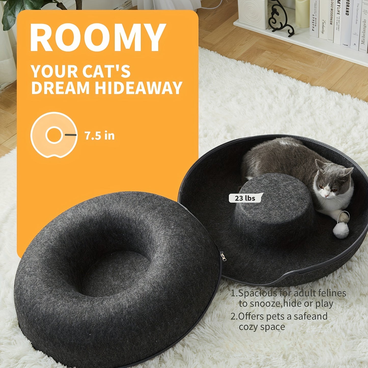 Cat Tunnel Bed with Toy Balls for Multiple Cats and Large Cats, Peekaboo Cat Litter for Indoor Cats, Large Donut Cat Bed and Litter Box, Large Tooth Zipper, Removable and Washable Scratching Cat Tunnel