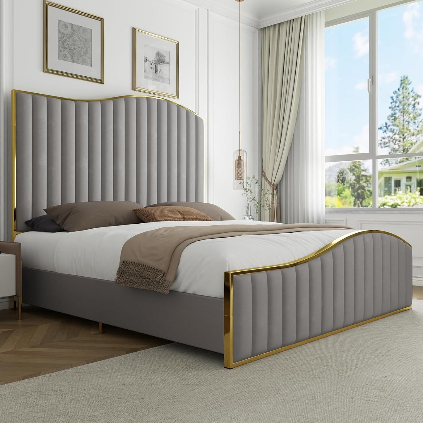 Velvet Upholstered Platform Bed with Gold Trim, 61.4" High Headboard, Footboard, and Wooden Slats - No Box Spring Necessary