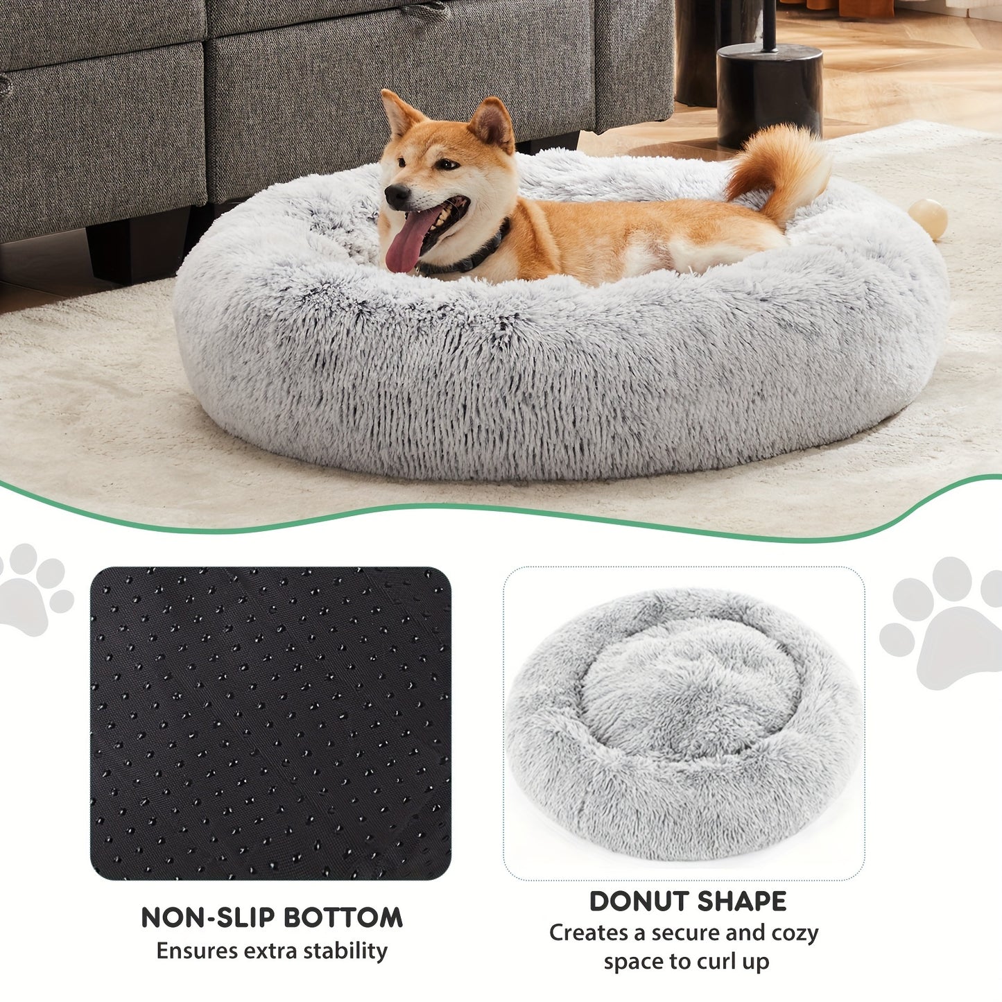 Fluffy Plush Calming Pet Bed For Dogs And Cats - Washable Anti-Slip Round Bed For Pets - Grey Color