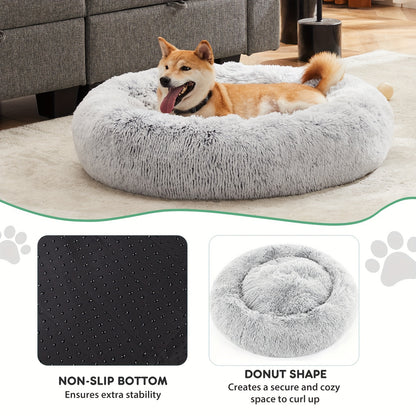 Fluffy Plush Calming Pet Bed For Dogs And Cats - Washable Anti-Slip Round Bed For Pets - Grey Color