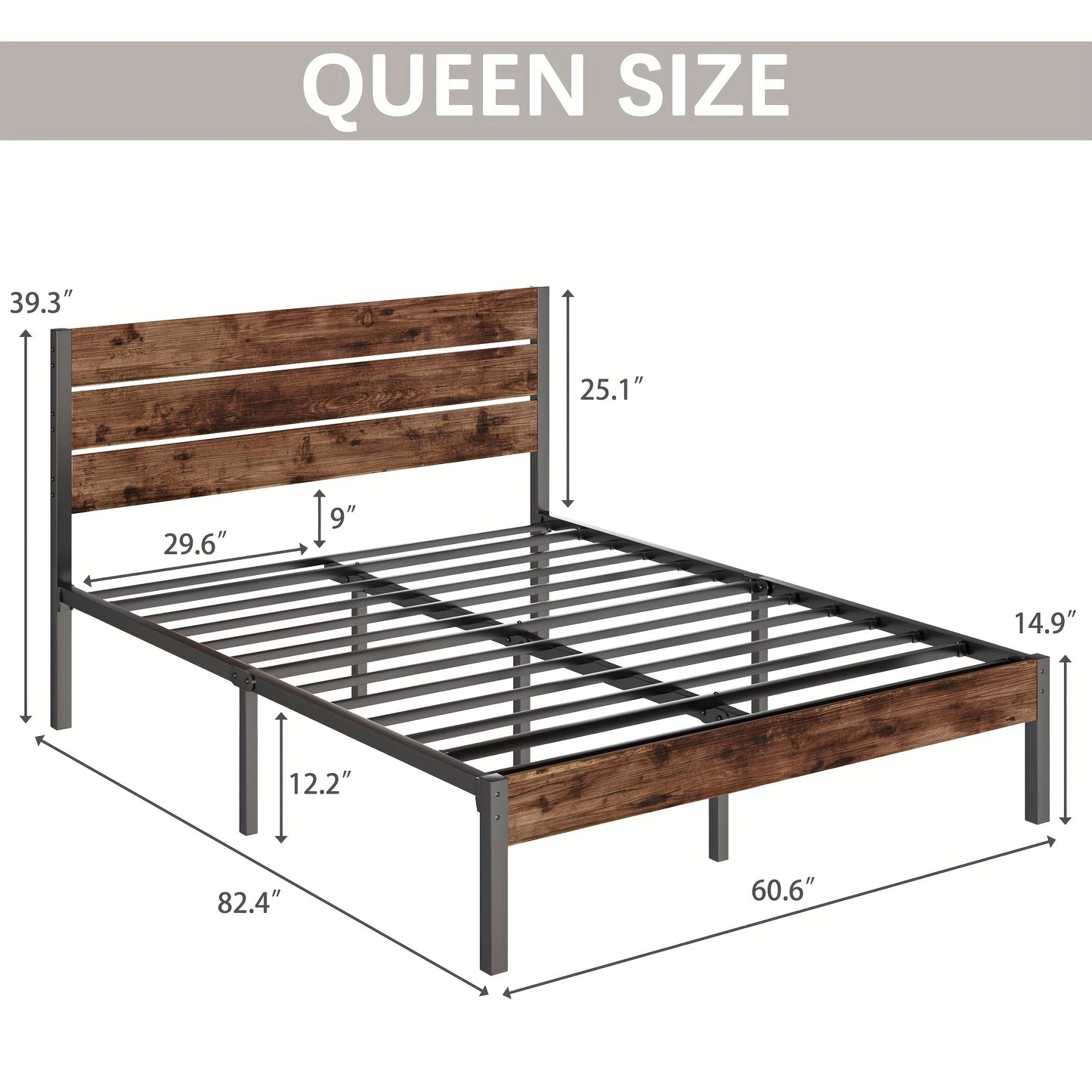 Queen Bed Frame With Headboard And Footboard, With Under Bed Storage, All-Metal Support System, No Box Spring Needed, Easy Assembly, Rustic Brown