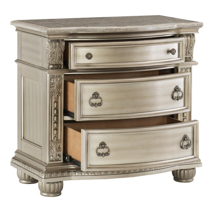 Silver Finish European Design 1pc Nightstand w Genuine Marble Top Traditional Bedroom Furniture