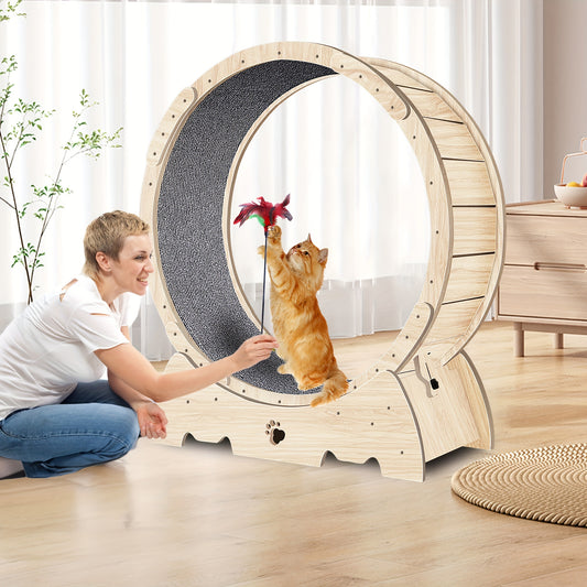 Cat Exercise Wheel For Indoor Cats, Cat Running Wheel With Carpeted Runway, Cat Sport Treadmill Wheel For Kitty's Longer Life, Fitness Device, 37" Natural Wood Color