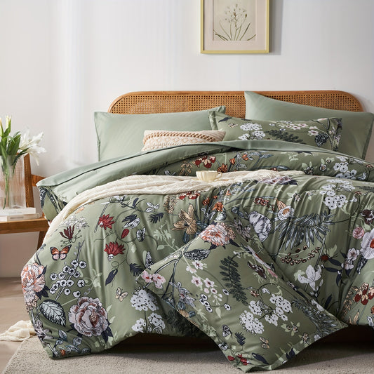 7 Pcs Green Butterfly Floral Comforter Set With Flowers Leaves Pattern- Stain Resistant, Ultra Soft Microfiber, Lightweight, Woven Bedding With 100% Polyester Fiber Fill - Queen/King Size Bed In A Bag For All Seasons