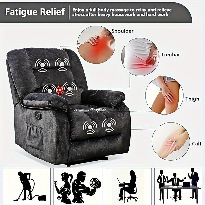 Overstuffed Massage Recliner Chairs With Heat And Vibration, Soft Fabric Single Manual Reclining Chair For Living Room Bedroom