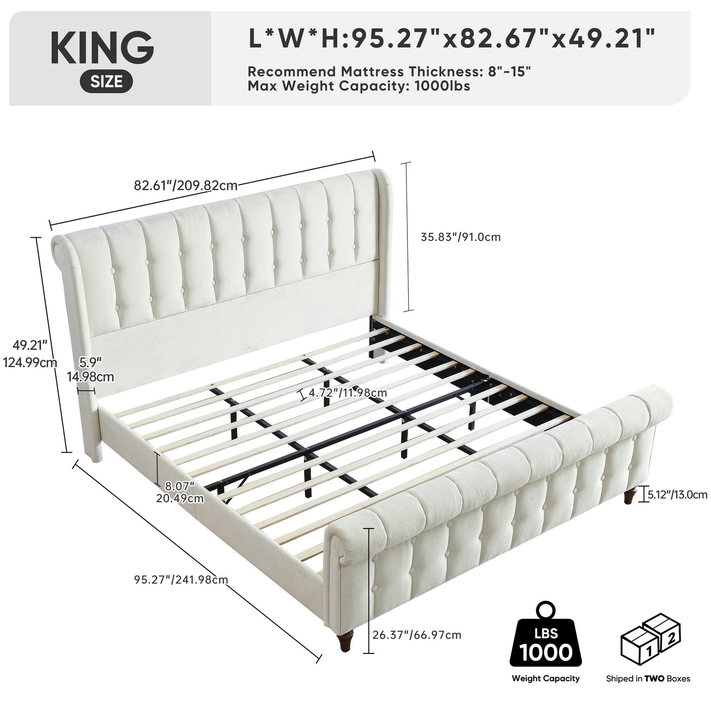 Sleigh Bed Frame Velvet Upholstered Platform With Button Tufted Headboard & Footboard/Wingback, Metal Frame Wooden Slat Support, Support Easy Assemble & Noiseless