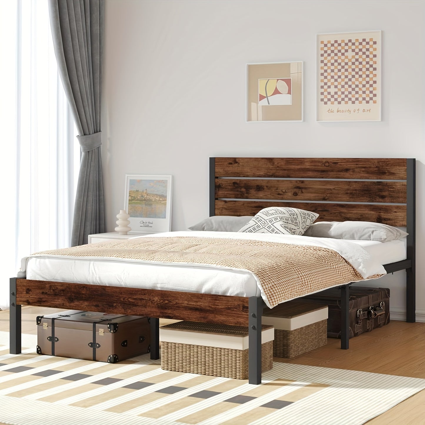 Queen Bed Frame With Headboard And Footboard, With Under Bed Storage, All-Metal Support System, No Box Spring Needed, Easy Assembly, Rustic Brown