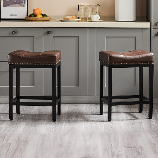 Set Of 2 Bar Stools, Counter Height 24 Inch Saddle Stools