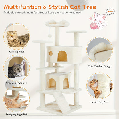 54in Cat Tree For Indoor Cats, Multi-Level Cat Tree Tower With Sisal Scratching Post, Pet House With 2 Large Condo Bed, Kitty, Kitten Toy Tree Tower, Cat Tree For Large Small Cats With Anti-Tilt Device