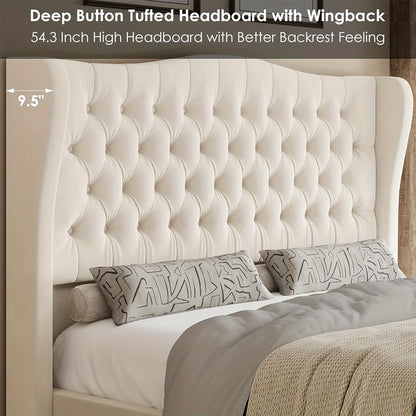 54.3" Tall Wingback Velvet Upholstered Platform Bed Frame with Deep Button Tufted Headboard and Footboard - No Box Spring Needed, Sturdy Construction, Easy Assembly - Beige, Queen/King/Full Size Bed