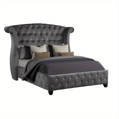 Sophia Modern style Crystal Tufted Queen Bed made with wood in Gray