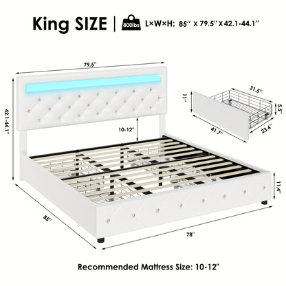 Full/Queen/King Size Upholstered Bed Frame With LED Lights Headboard And 4 Drawers, Platform Bed With Crystal Button Tufted Headboard, No Box Spring Needed, Faux Leather/Velvet Fabric, White/Black/Velvet Beige