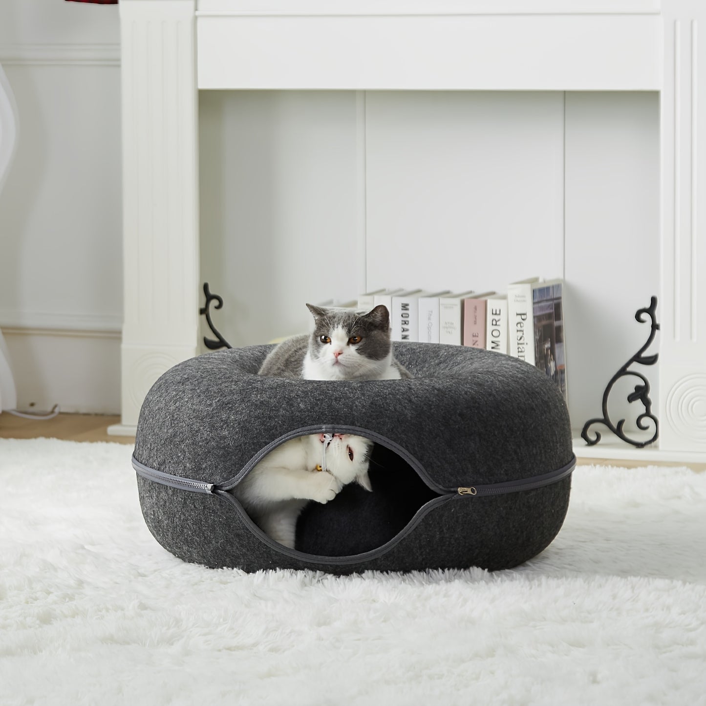 Cat Tunnel Bed with Toy Balls for Multiple Cats and Large Cats, Peekaboo Cat Litter for Indoor Cats, Large Donut Cat Bed and Litter Box, Large Tooth Zipper, Removable and Washable Scratching Cat Tunnel