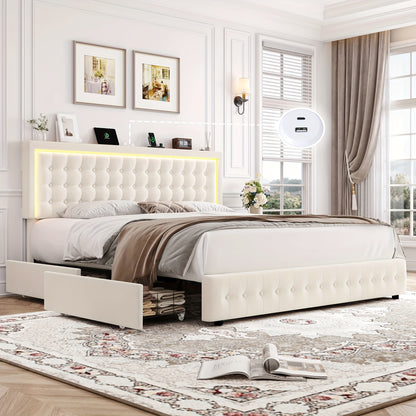 Velvet Upholstered Platform Bed - Bed Frames with 4 Storage Drawers, Adjustable Button Tufted Headboard, USB Ports, and Modern Beige Design for Ultimate Comfort and Convenience