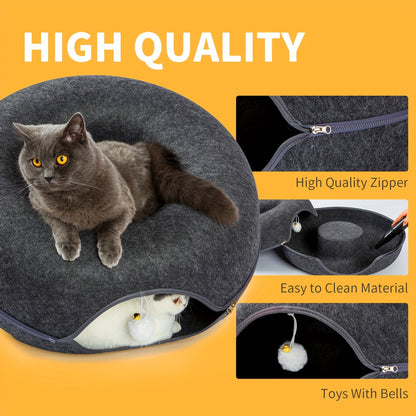 Cat Tunnel Bed with Toy Balls for Multiple Cats and Large Cats, Peekaboo Cat Litter for Indoor Cats, Large Donut Cat Bed and Litter Box, Large Tooth Zipper, Removable and Washable Scratching Cat Tunnel