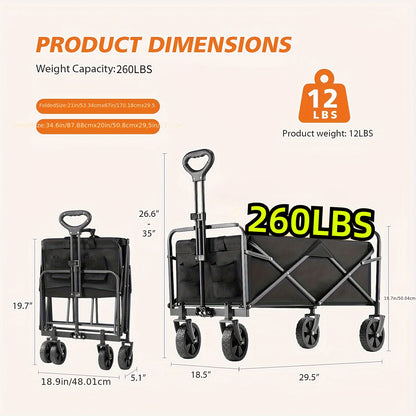 Collapsible Foldable Wagon Cart, 260/450/330 LBS Heavy Duty Utility Garden Cart With All-Terrain Wheels For Beach, Lawn, Sports, Camping, Black, 30"