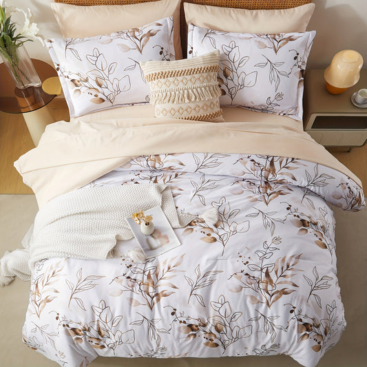 5/7Pcs Reversible Golden Leaves Printed Comforter Sets - Stain-Resistant, Hypoallergenic, And Lightweight Bedding For All Seasons - Twin/Full/Queen/King Size Bed In A Bag With 100% Polyester Filling