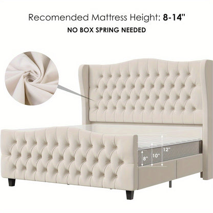 54.3" Tall Wingback Velvet Upholstered Platform Bed Frame with Deep Button Tufted Headboard and Footboard - No Box Spring Needed, Sturdy Construction, Easy Assembly - Beige, Queen/King/Full Size Bed