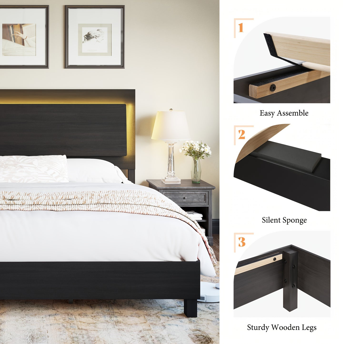 King Size Rustic Platform Bed with LED Lights