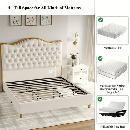 FULTRU Bed Frame, 55" Tall Platform Bed with Curved Headboard, Velvet/Leather Upholstered Bed with Deep Tufted Button, Handmade Pleats, Gold/Black Metal Frame, Wooden Slats Support, No Box Spring Needed