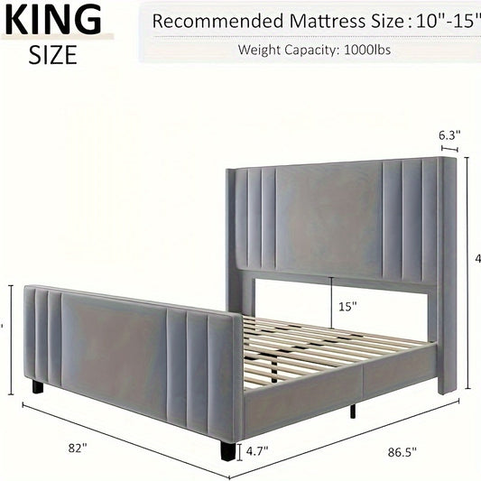 Velvet Upholstered Bed Frames with Vertical Channel Tufted Headboard & Footboard/Wingback, Mattress Foundation with Wooden Slats Support, No Box Spring Needed/Noise Free