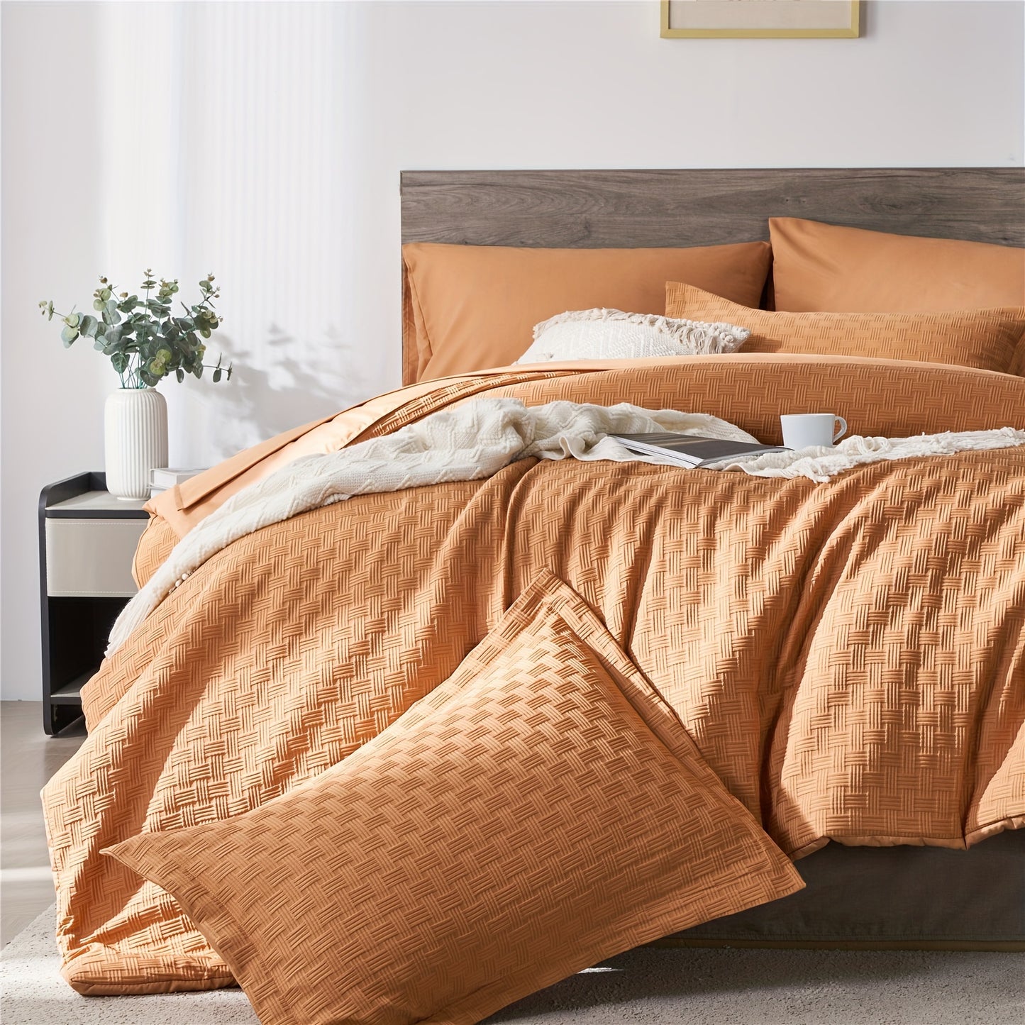 7-Piece Luxurious Orange Waffle Weave Comforter Set - Soft Microfiber Quilt Sets for All Seasons with Lightweight Bedding and Bed-In-A-Bag Design for Queen and King Size Beds - Easy Care and Breathable for Ultimate Sleeping Comfort