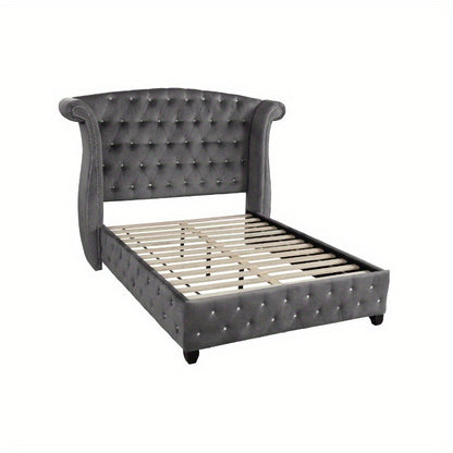 Sophia Modern style Crystal Tufted Queen Bed made with wood in Gray