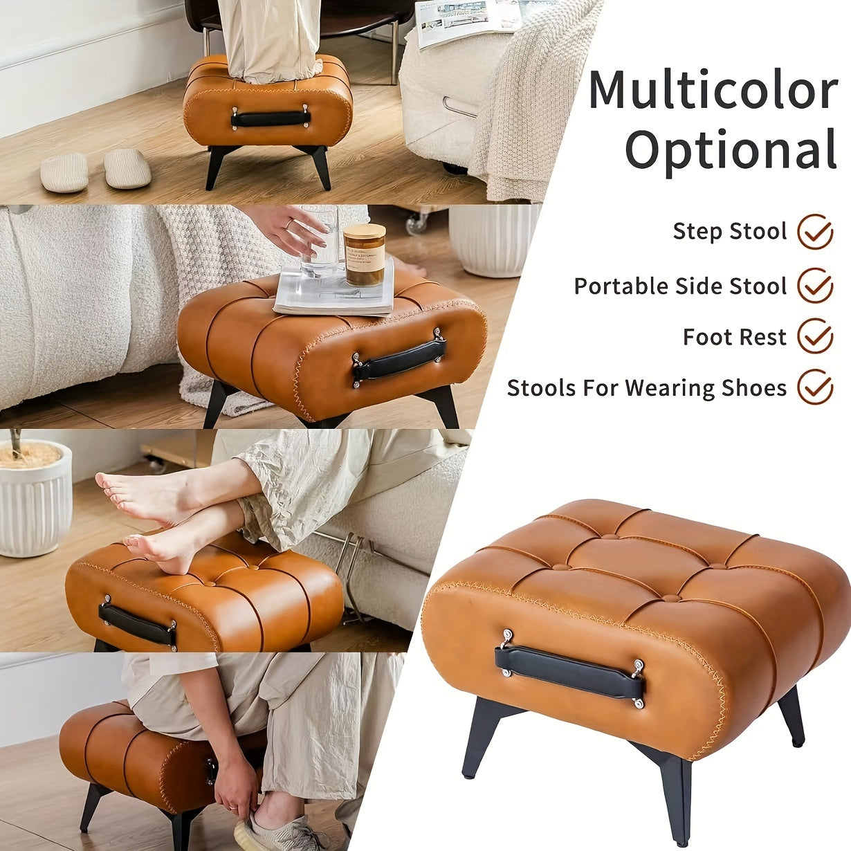 1pc Luxurious Oil Wax Leather Padded Low Stool