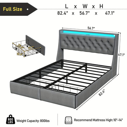 Queen Bed Frame With 2 Storage Drawers And Luxury Wingback Upholstered Button Tufted Storage Headboard, Charging Station, Storage Headboard And LED Lights/Noise-Free/Grey