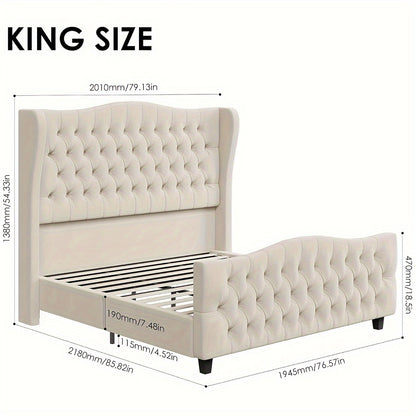 54.3" Tall Wingback Velvet Upholstered Platform Bed Frame with Deep Button Tufted Headboard and Footboard - No Box Spring Needed, Sturdy Construction, Easy Assembly - Beige, Queen/King/Full Size Bed