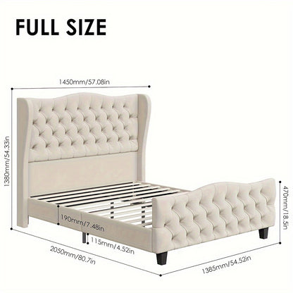 54.3" Tall Wingback Velvet Upholstered Platform Bed Frame with Deep Button Tufted Headboard and Footboard - No Box Spring Needed, Sturdy Construction, Easy Assembly - Beige, Queen/King/Full Size Bed