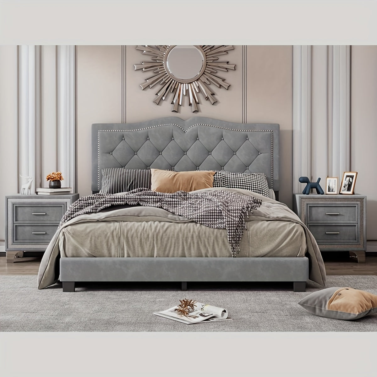 Elegant Queen Size Bed Frame With Tufted Headboard