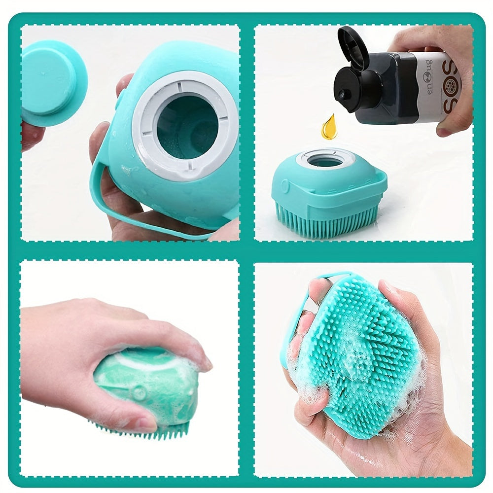 A Grooming Bath Massage Brush For Pets, Equipped With Soap And Shampoo Dispenser, Soft Silicone Bristles, Suitable For Showering Long And Short-haired Dogs And Cats