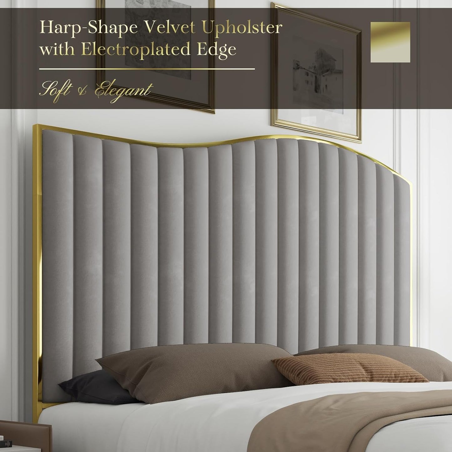 Velvet Upholstered Platform Bed with Gold Trim, 61.4" High Headboard, Footboard, and Wooden Slats - No Box Spring Necessary