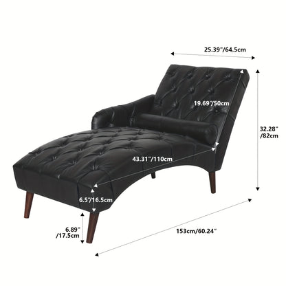 60.24'' Indoor Black PU Chaise Lounge, Solid Wood Frame, Chaise Lounge With Lumbar Pillow And Left Armrest, Tufted Buttoned Lounge Sofa For Living Room Bedroom Office